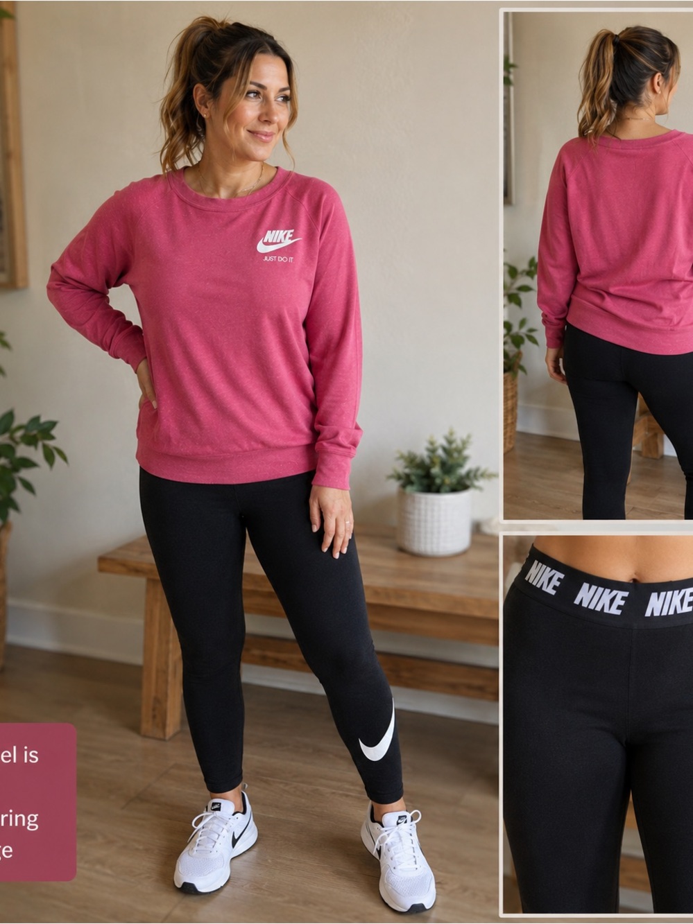 Nike Women's Pink Crew Sweatshirt with black leggings outfit